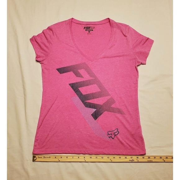Fox Head Women's Fitted Neon Pink V-Neck T-Shirt Size Large Capped Sleeves - Picture 1 of 3